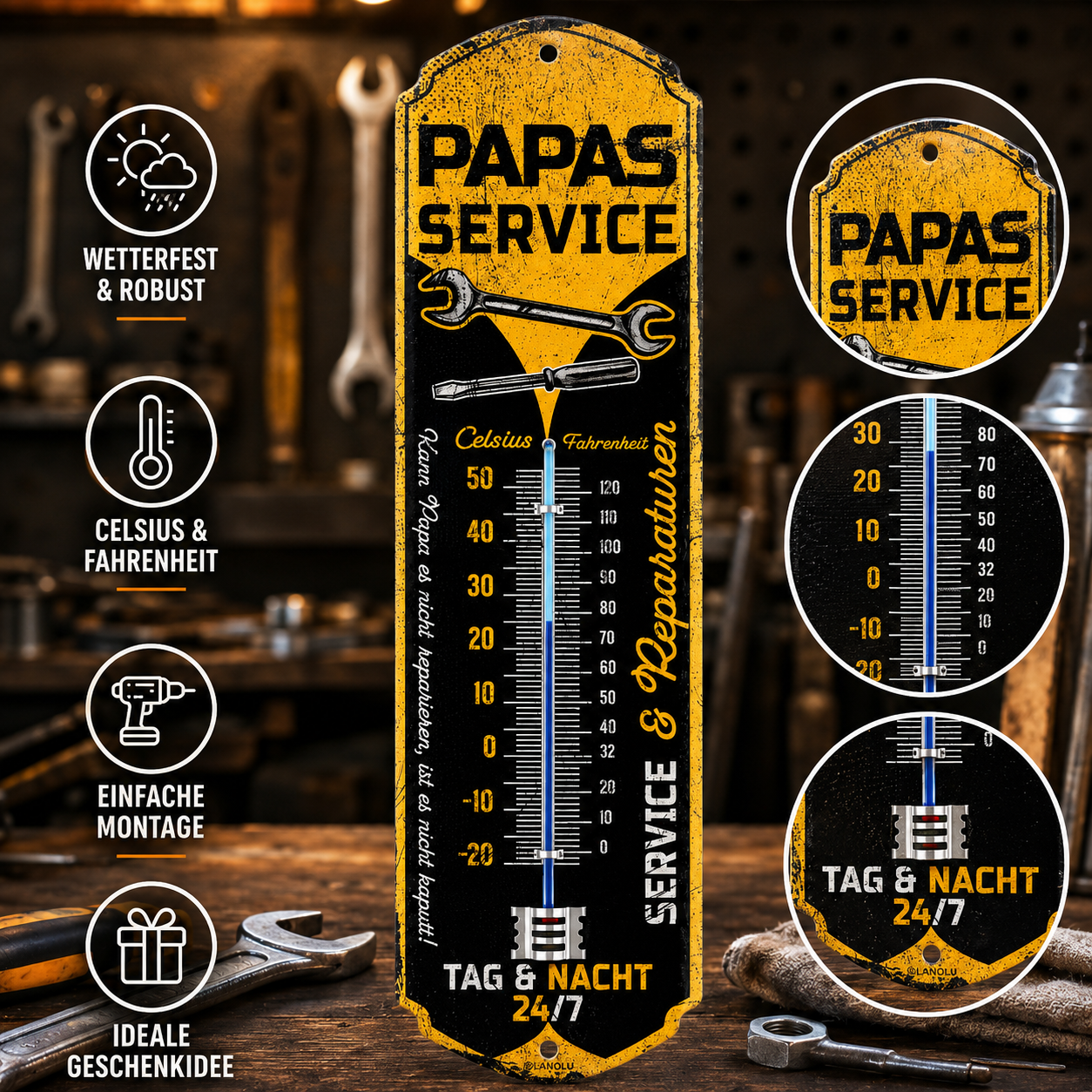 Retro-Thermometer „Papas Service“ Vintage Wandthermometer 8x28 cm