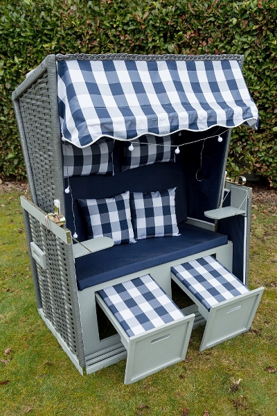 Strandkorb blau/Weiß 2er Sitz inkl. LED Beleuchtung und Auflagen