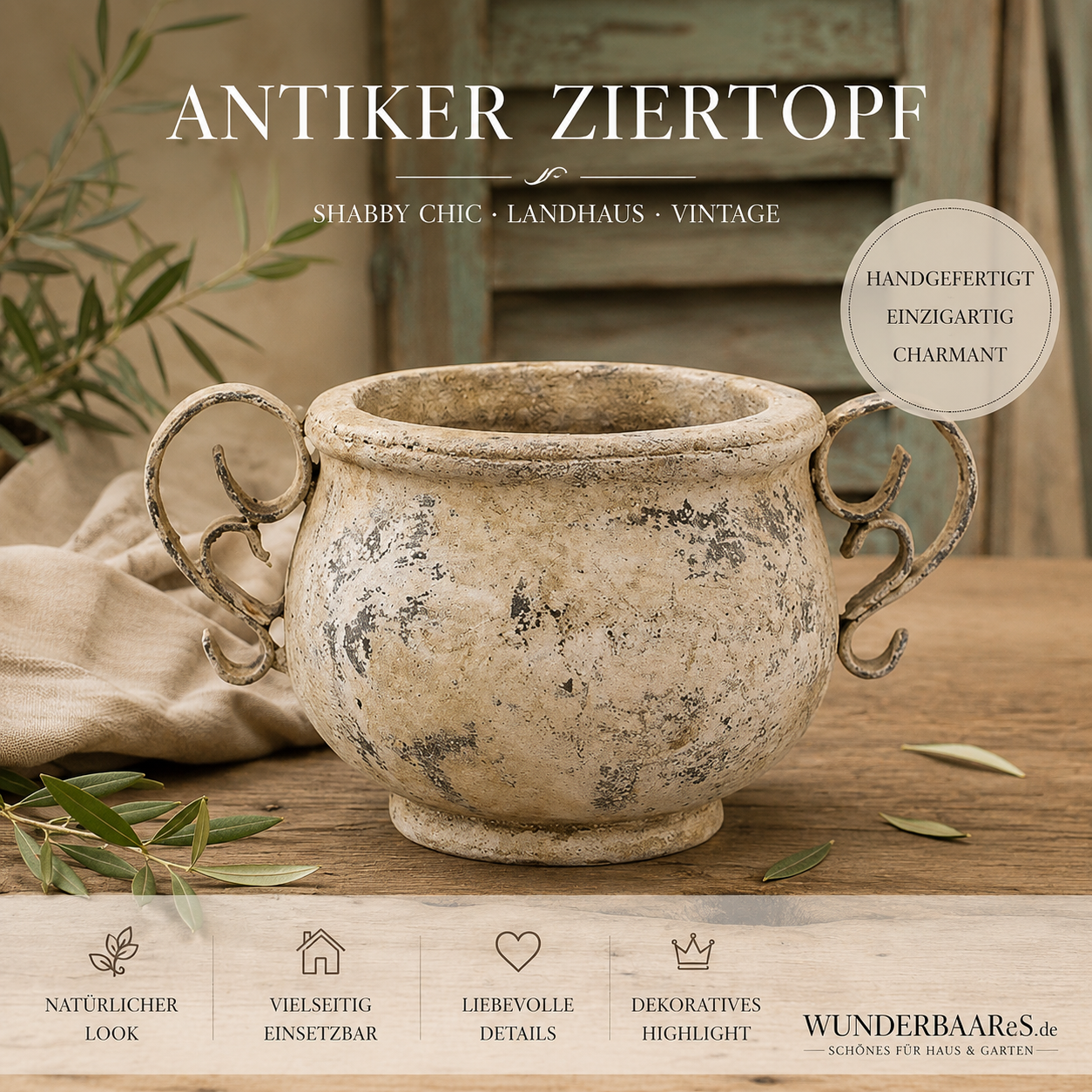 Antiker Ziertopf mit Metallgriffen – Vintage Pflanzgefäß im Landhausstil