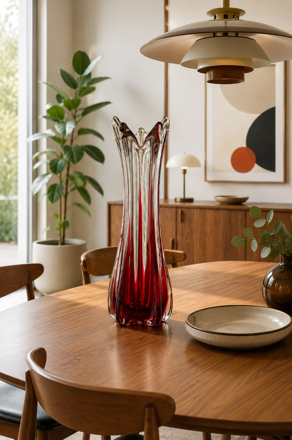 Murano Sommerso Glasvase Rot Klar 35,5 cm – Italienische Designvase der 1960er/70er Jahre