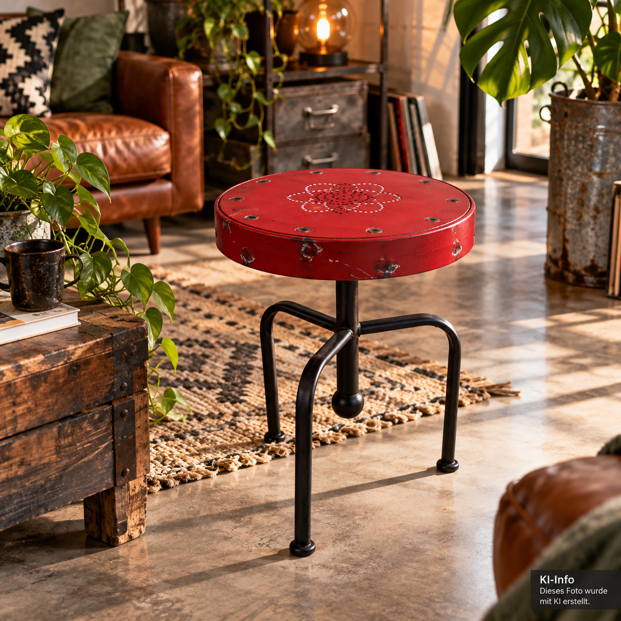 Metallhocker „FRED“ Rot – handgefertigt im Vintage Industrial Style
