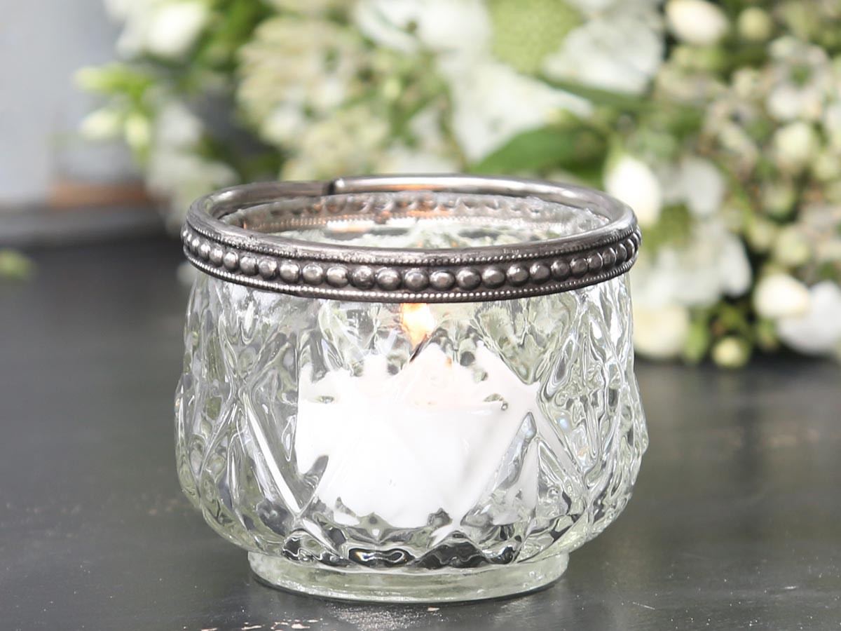 Teelichthalter Glas/ Metallrand