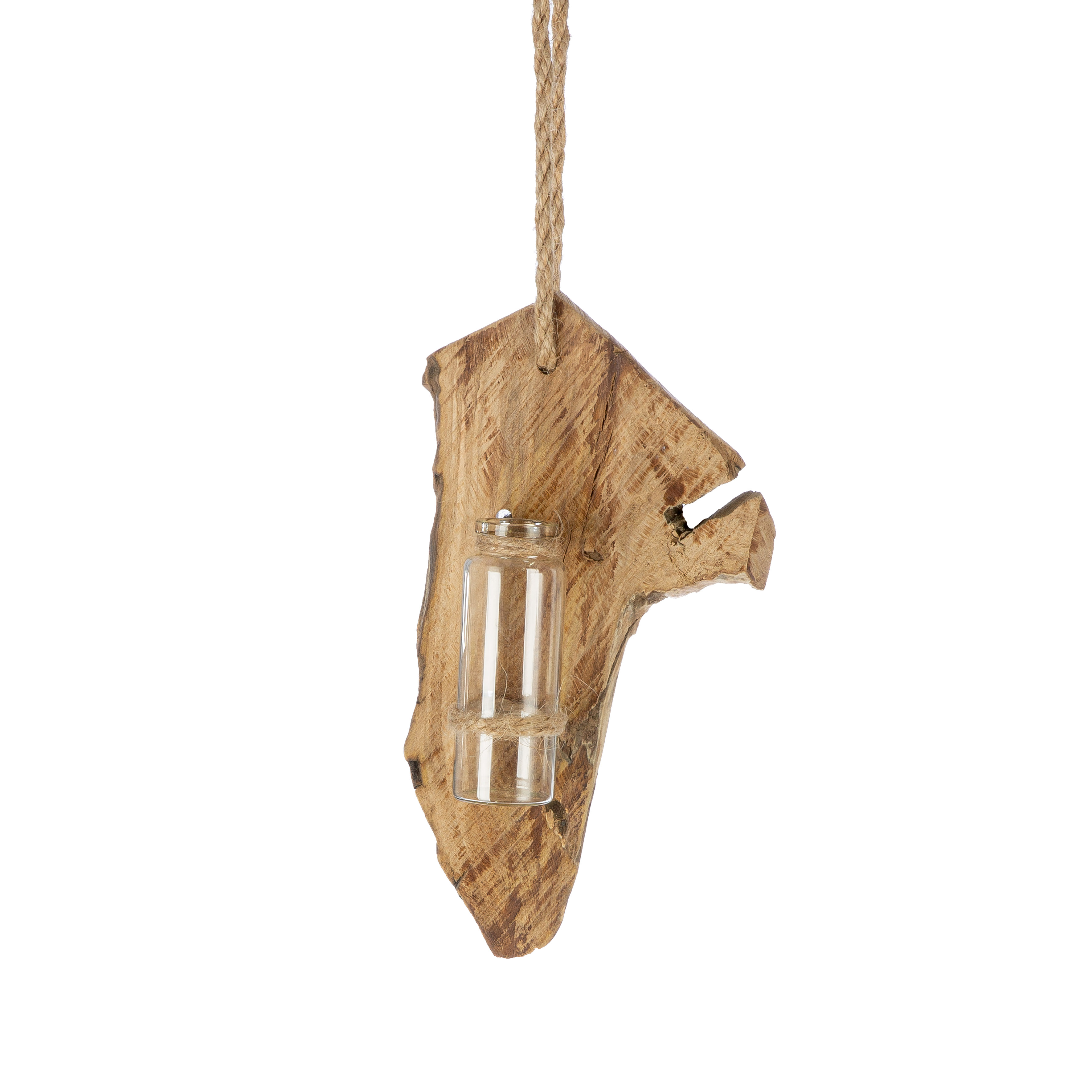„Nature Float – Hängende Glasvase auf Holz“