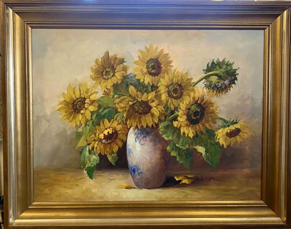 großes antikes Sonnenblumen Gemälde von G. Krüger