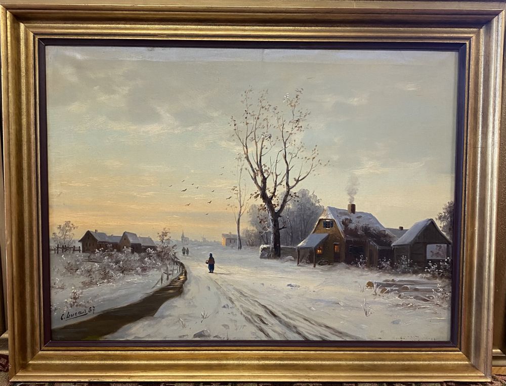 antikes Gemälde "Dorf im Winter" um 1887 / Holländer Maler