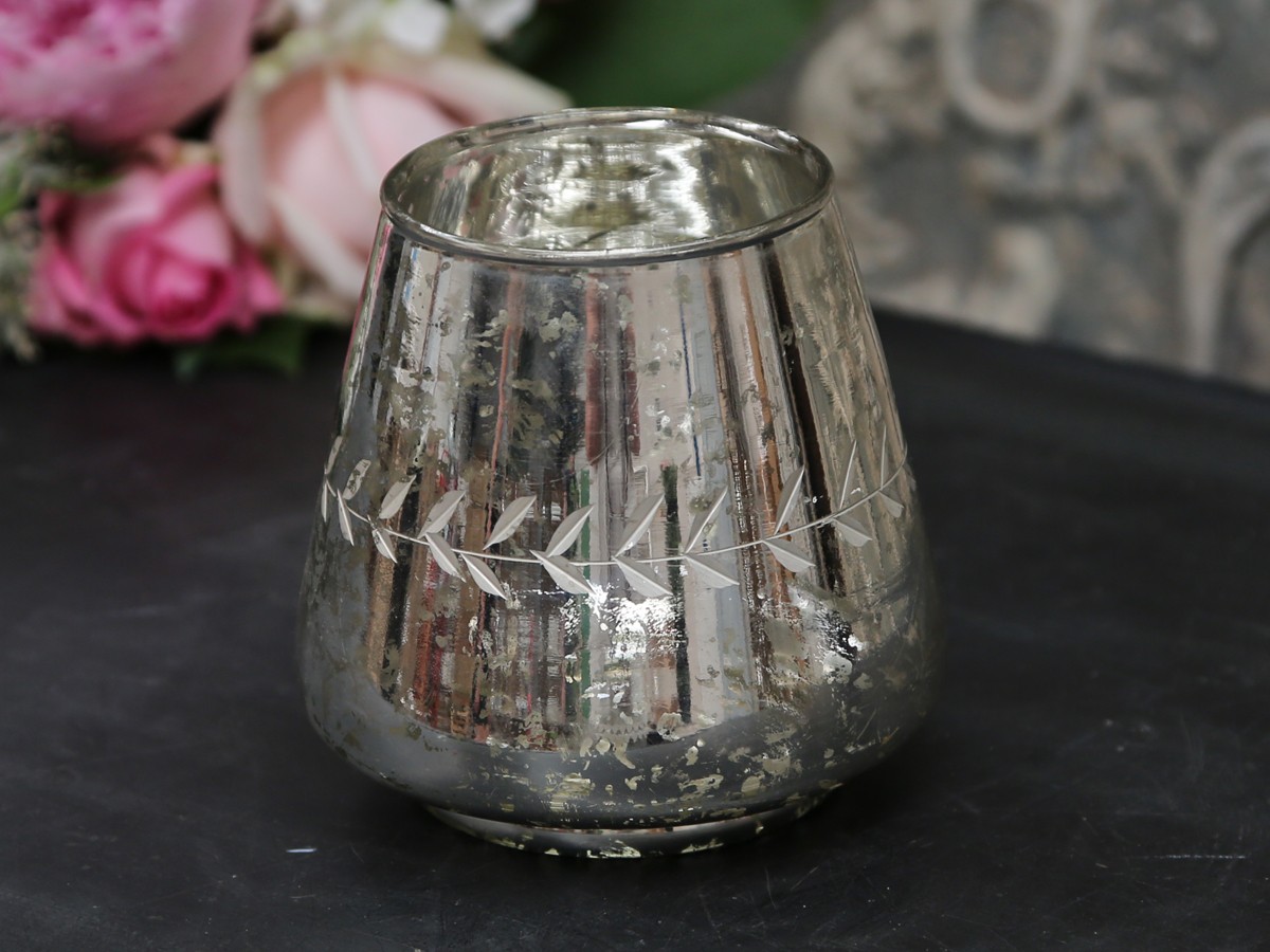 Teelichthalter Glas mit Schliff / altsilber