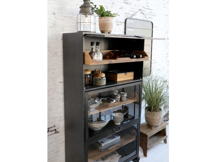 Metall - Schrank auf Rädern Glastüren & 3 Regalen