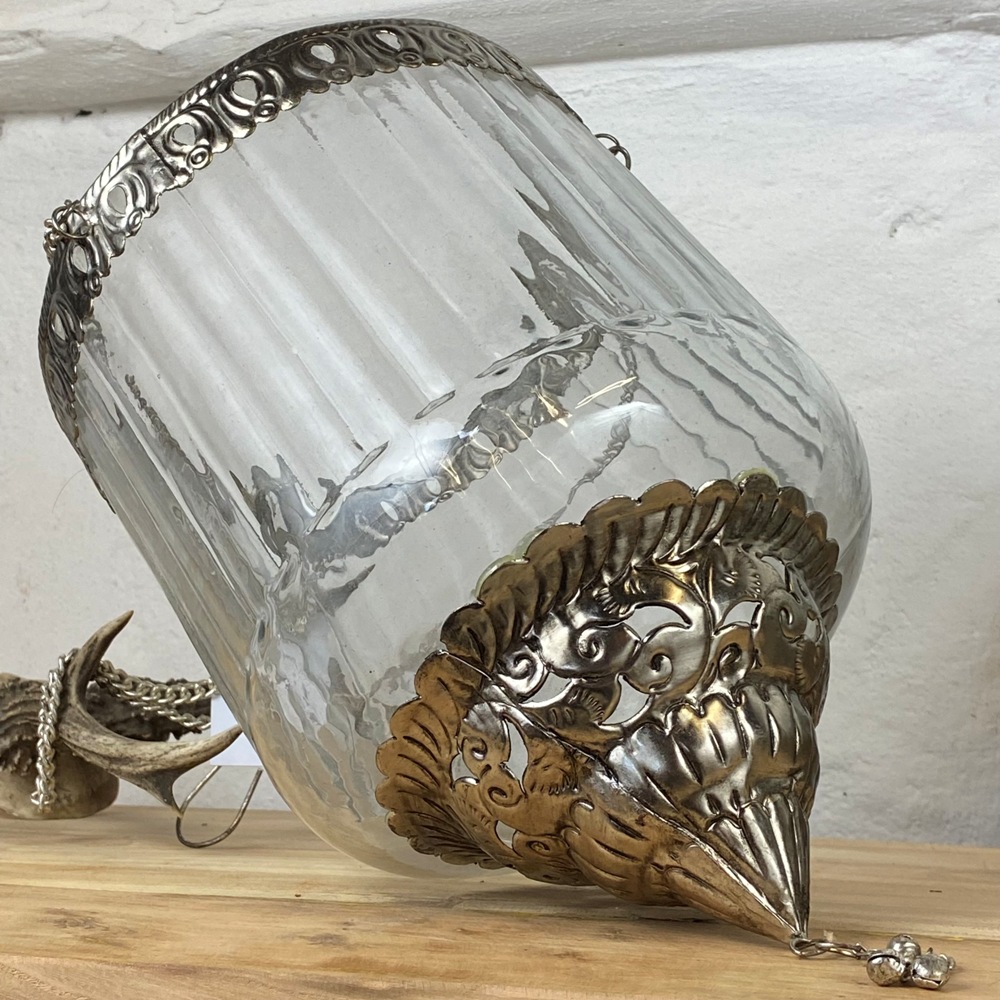 große Windlicht zum hängen Glas / Metallverzierungen