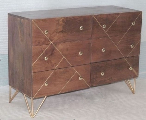 WOODEN 6 DRAWER CHEST W/BRASS INLAY & IRON K.D LEGS