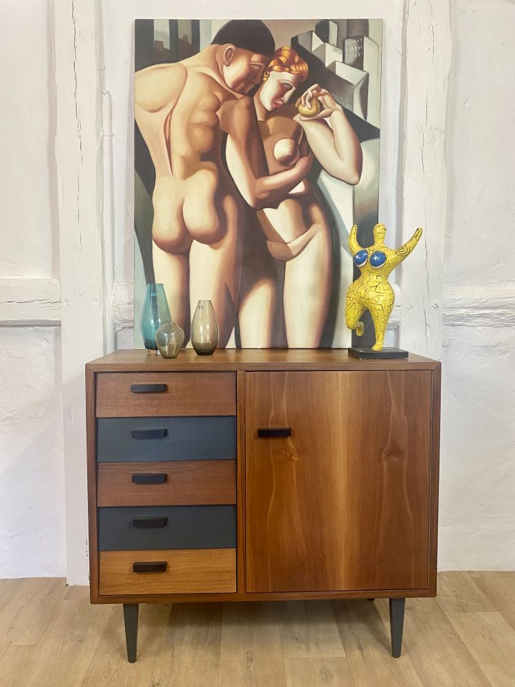Kommode Nussbaum -anthrazit MIDCENTURY / 60er Jahre