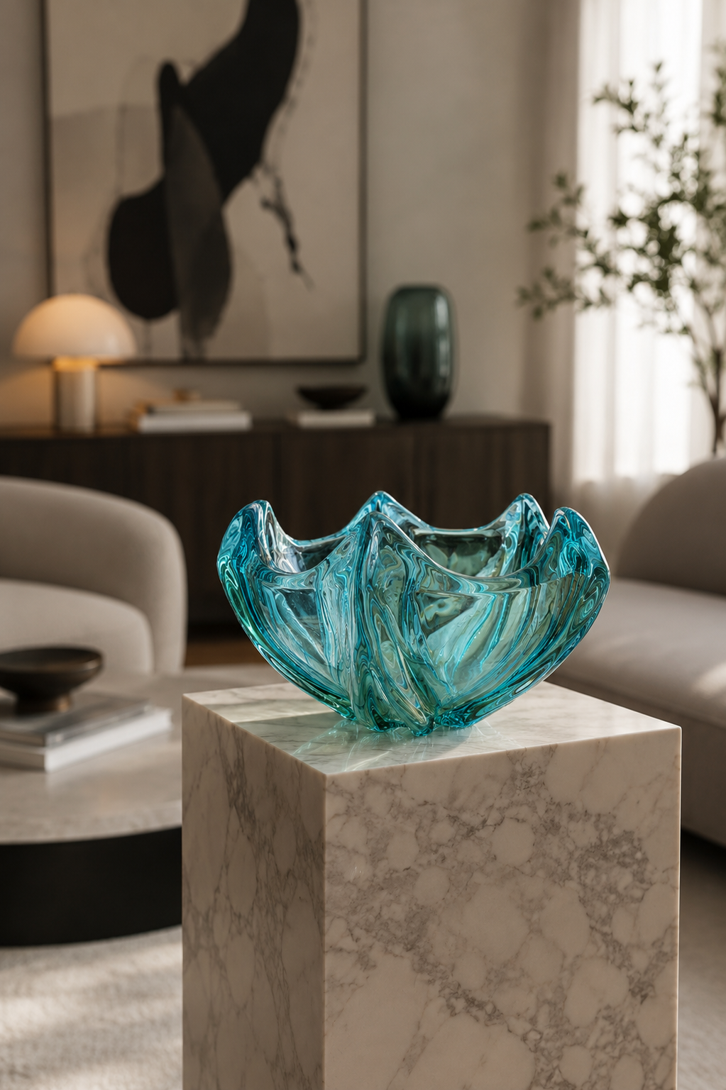 Original Murano Glasschale in Türkis & Aquamarin – organische Designschale aus Sommerso-Kunstglas – 20 cm
