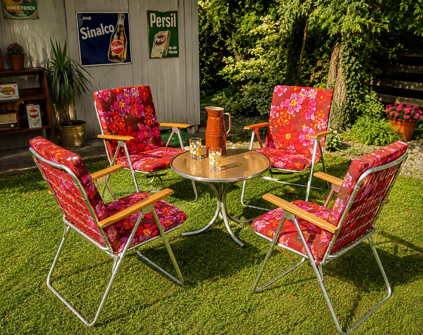 Original SIEGER MM Aluminium-Klappstuhl mit Blumenbezug – 1970er Jahre – 4 Stück vorhanden – mit Originalkartons