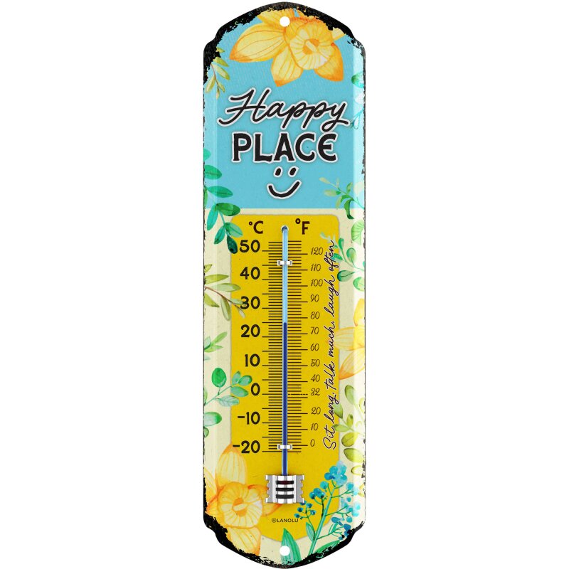Thermometer „Happy Place“ – Vintage Metall Außenthermometer 8 x 28 cm