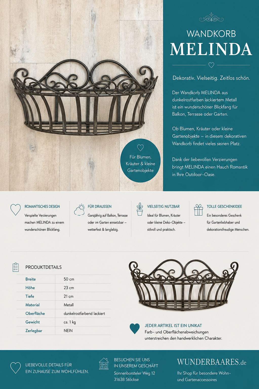 Wandkorb „MELINDA“ – Dekorativer Metall-Wandkorb für Balkon, Terrasse & Garten