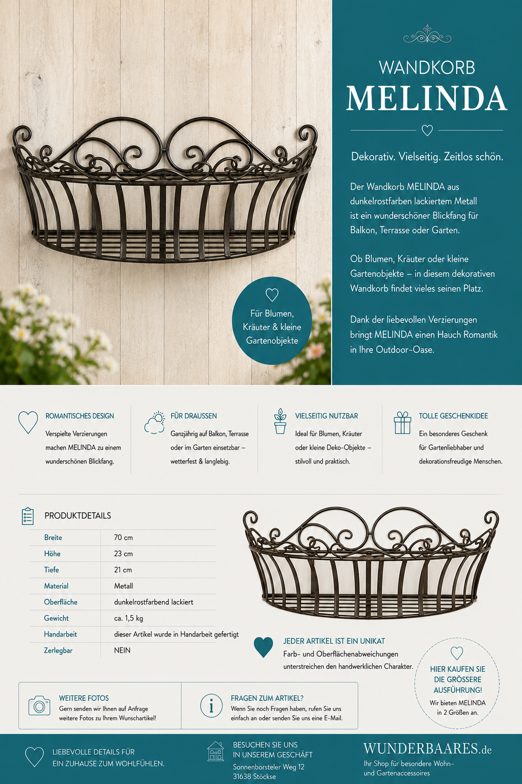 Wandkorb „MELINDA“ – großer Metall-Wandkorb für Balkon, Terrasse & Garten