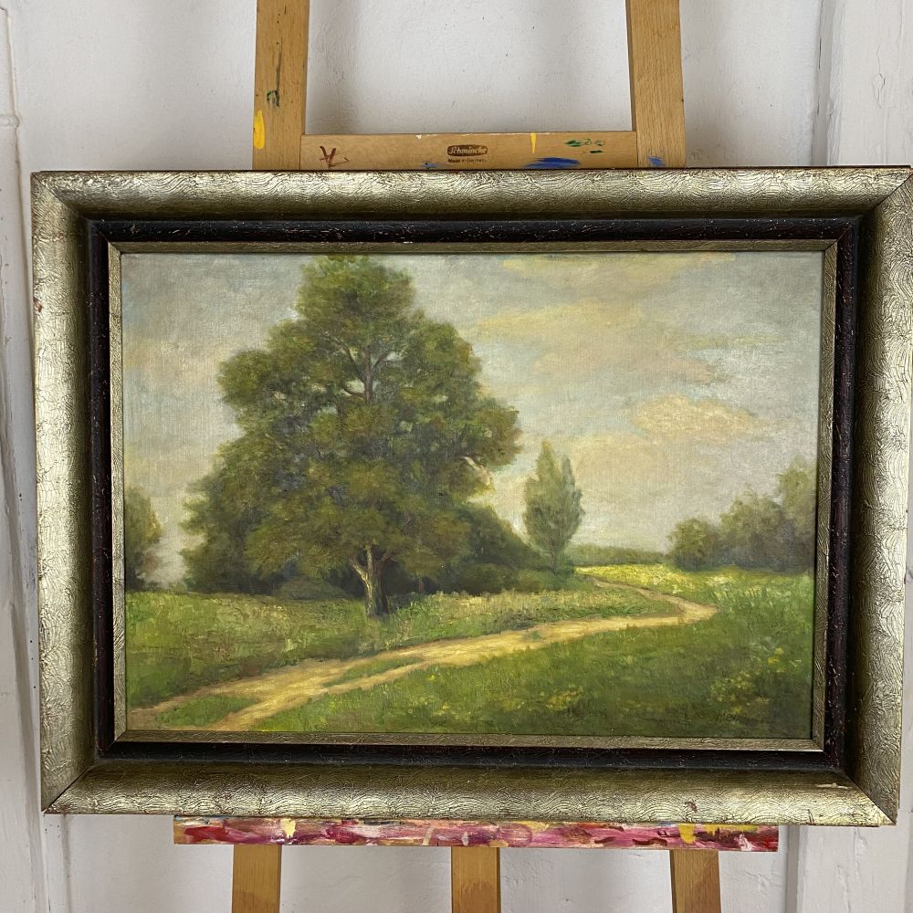 Öl-Gemälde "Weg mit Baum" unleserlich signiert