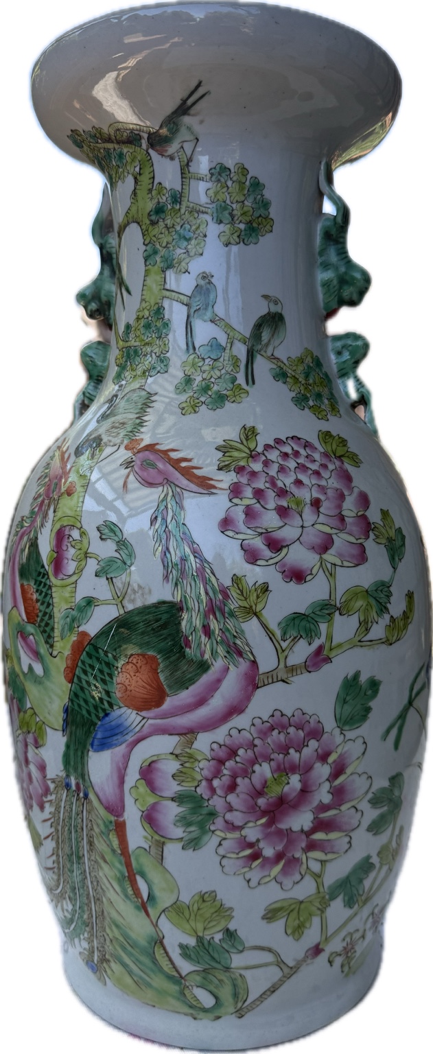 Chinesische Famille Rose Porzellanvase handbemalt – 44,5 cm – Vögel & Pfingstrosen