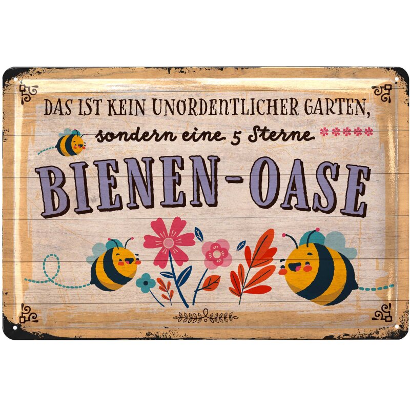 Blechschild „Bienen-Oase“ – Retro Metallschild für Garten & Terrasse 20 x 30 cm