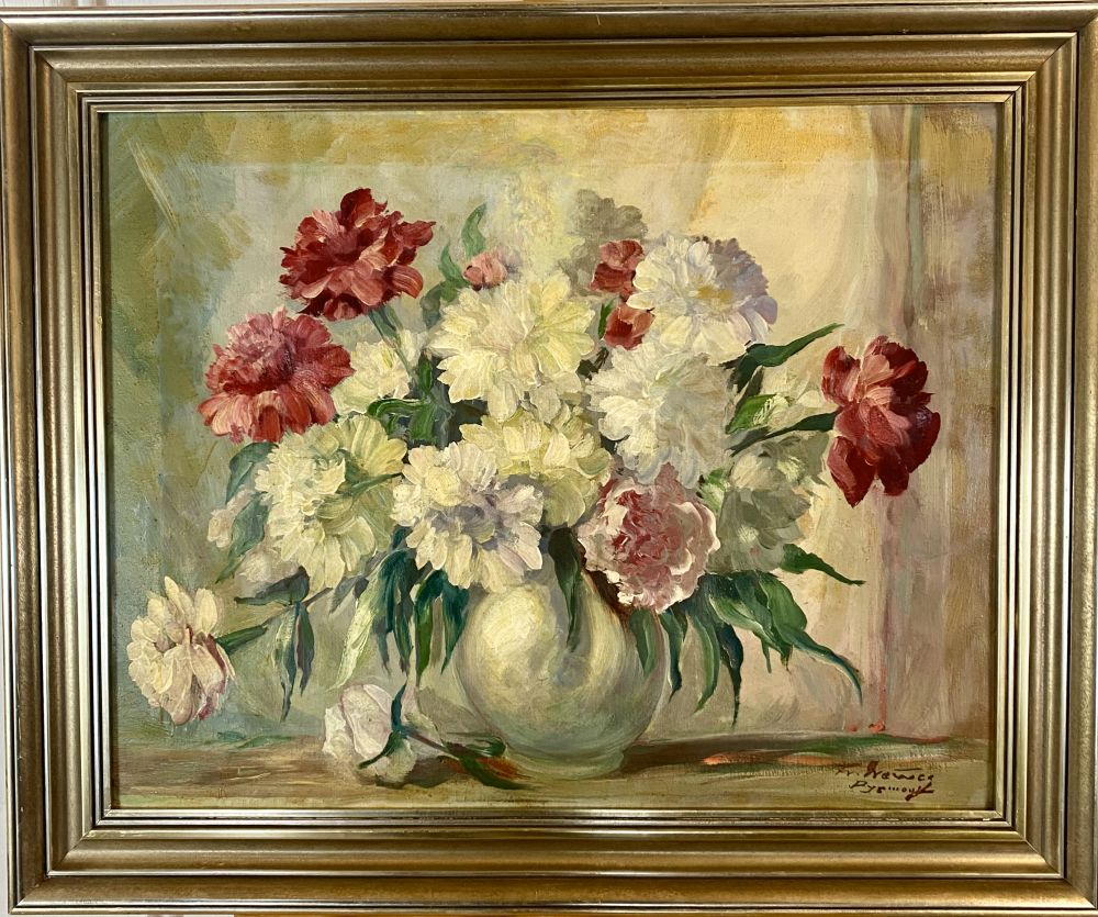Öl-Gemälde Blumen in Vase / Fr. Drewes Pyrmond ?