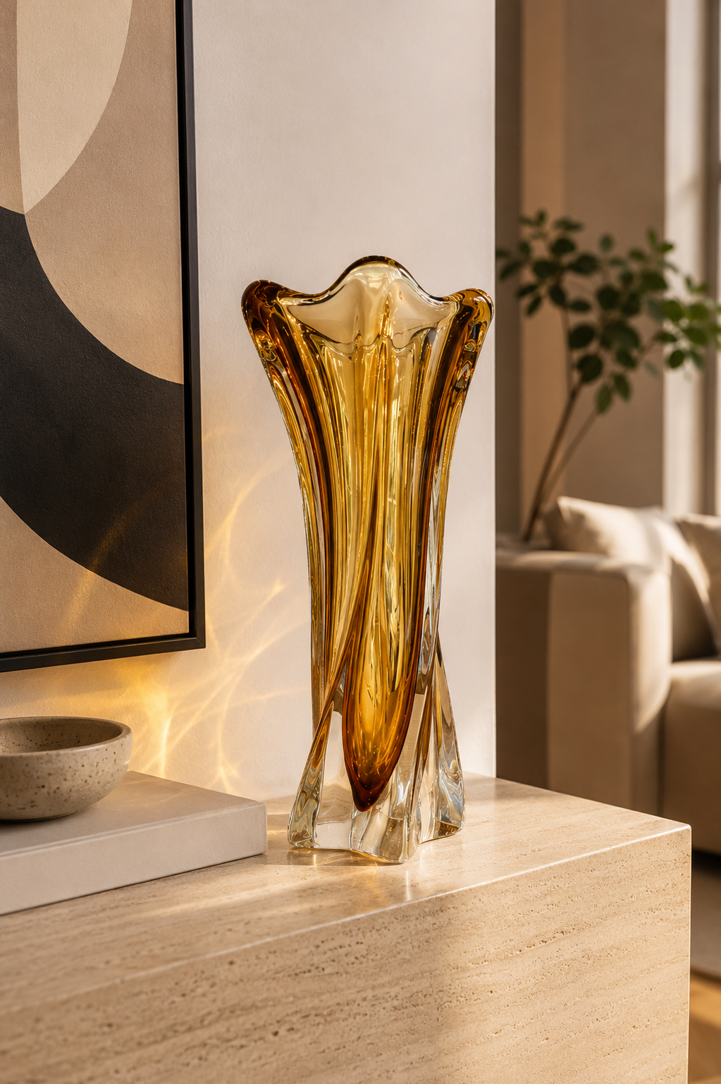 Aurum Crystal Bohemia Kristallvase „MOZART“ – Bernsteinfarbenes Bleikristall – Designvase 30 cm