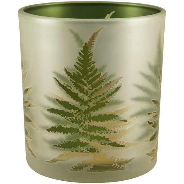 Windlicht mit Blattmuster aus Glas /innen grün schimmernd / 8 cm hoch