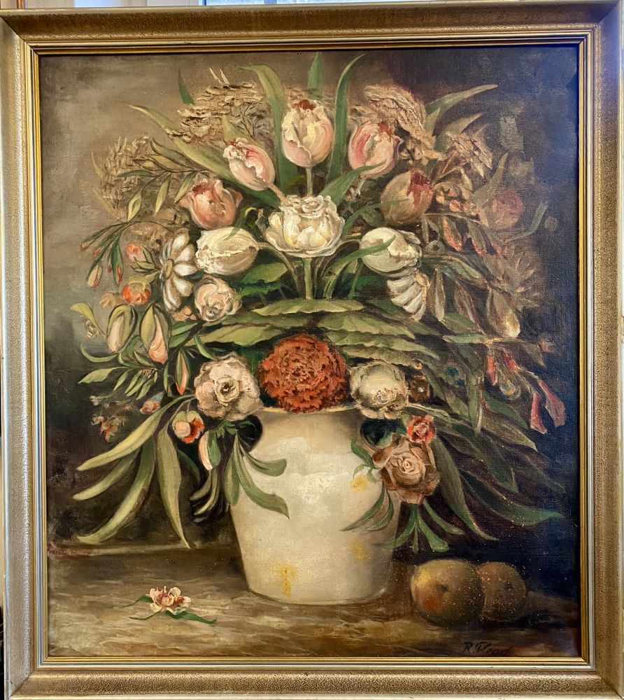Blumen im Steintopf antikes Gemälde / R. Flegel