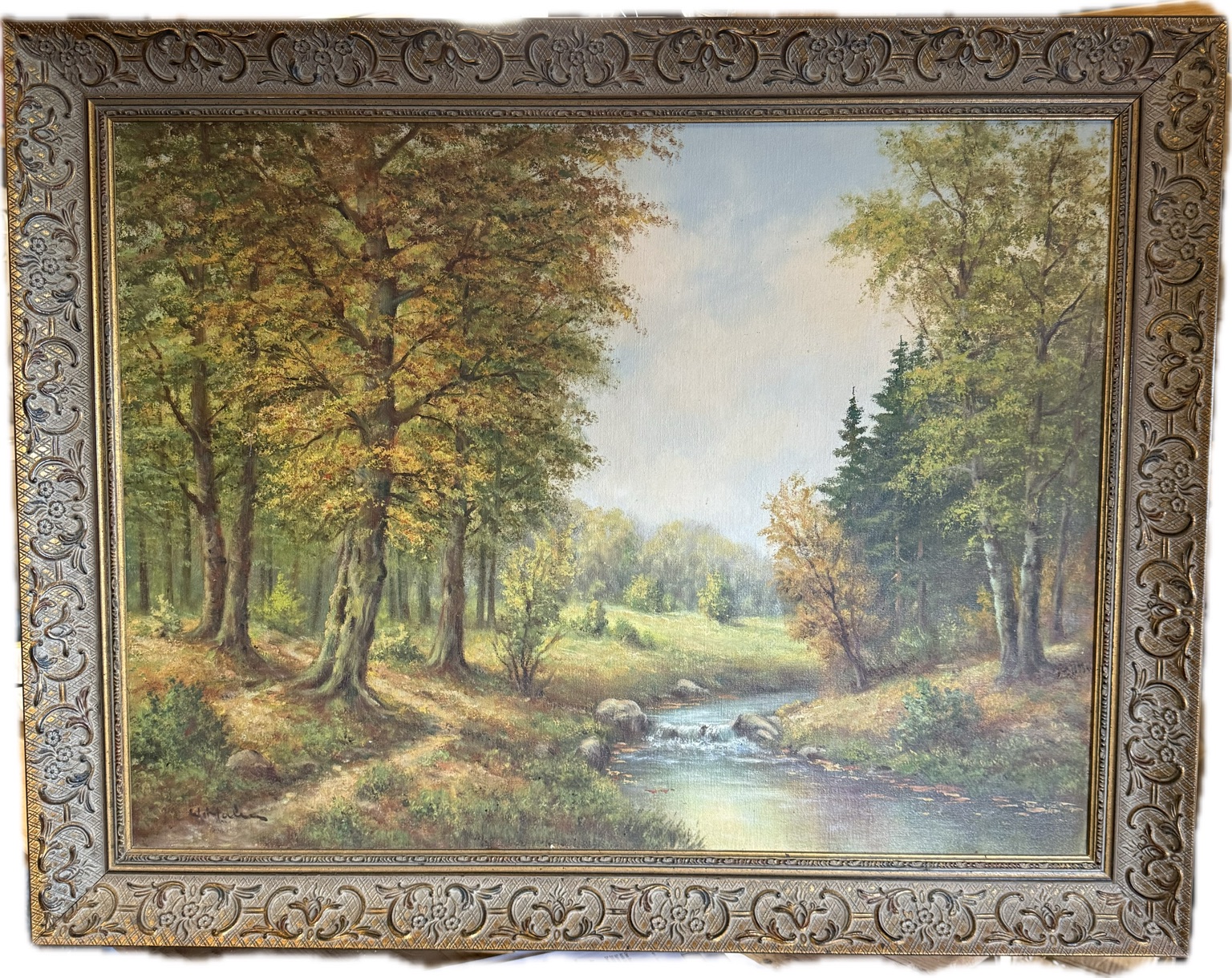 Altes Ölgemälde „Im Wald“ – Waldlandschaft mit Bach | signiert | gerahmt