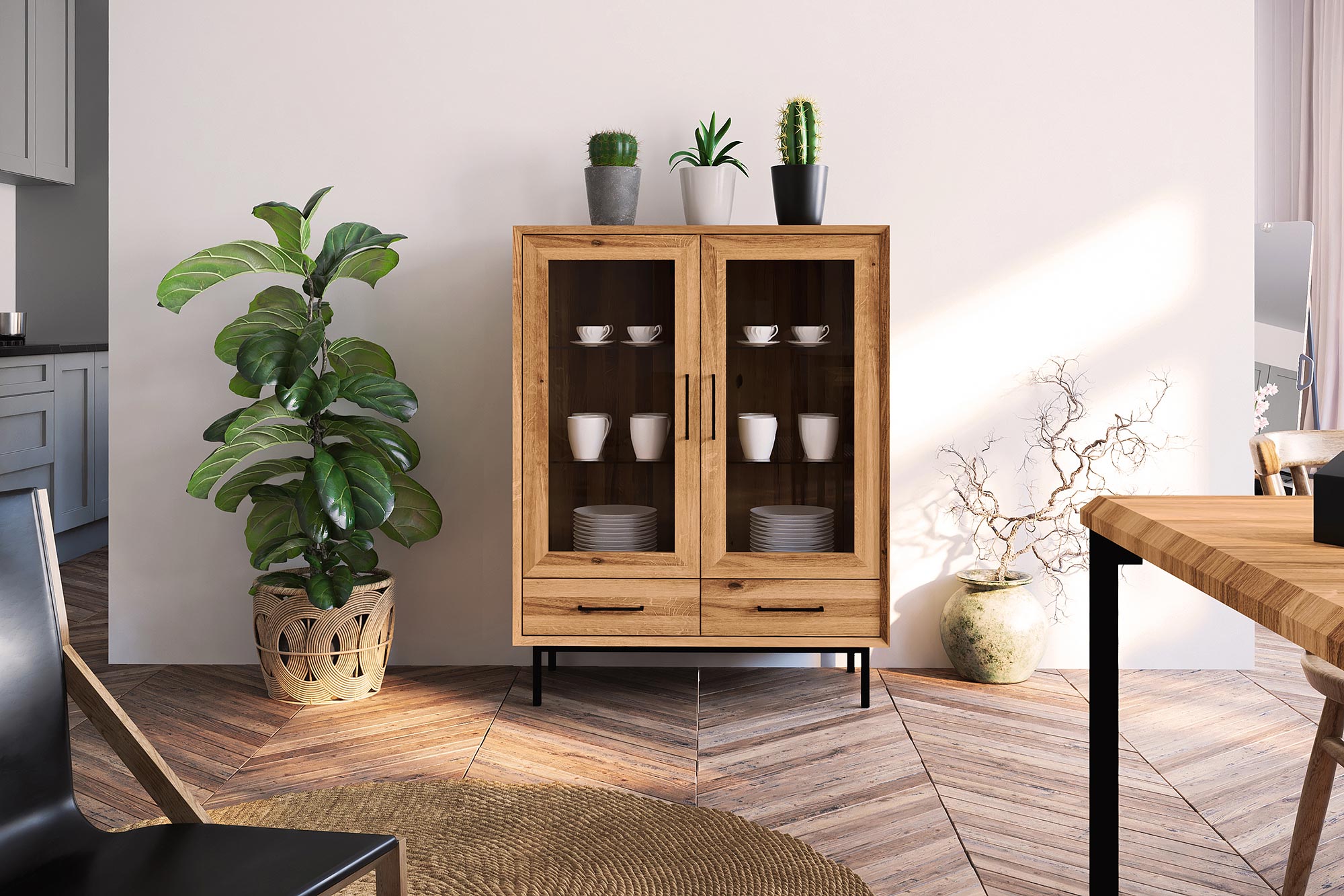  Vitrine- Highbord  mit 2 Glastüren & 2 Schubladen / Abies 2754