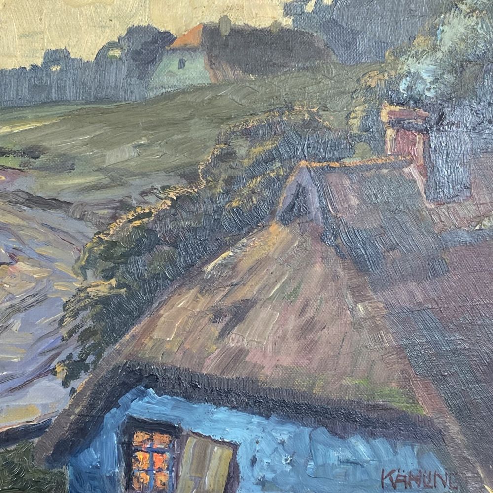 antikes Öl-Bild Bockwindmühle & Häuser / Öl auf Malpappe