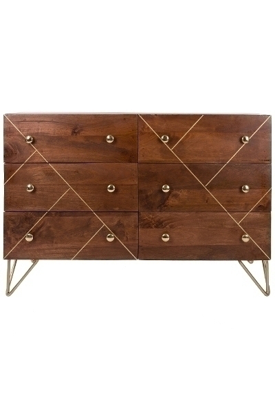 WOODEN 6 DRAWER CHEST W/BRASS INLAY & IRON K.D LEGS