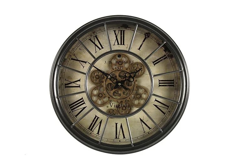 Wanduhr aus Metall mit Zahnrädern & römische Zahlen / antikgrau 