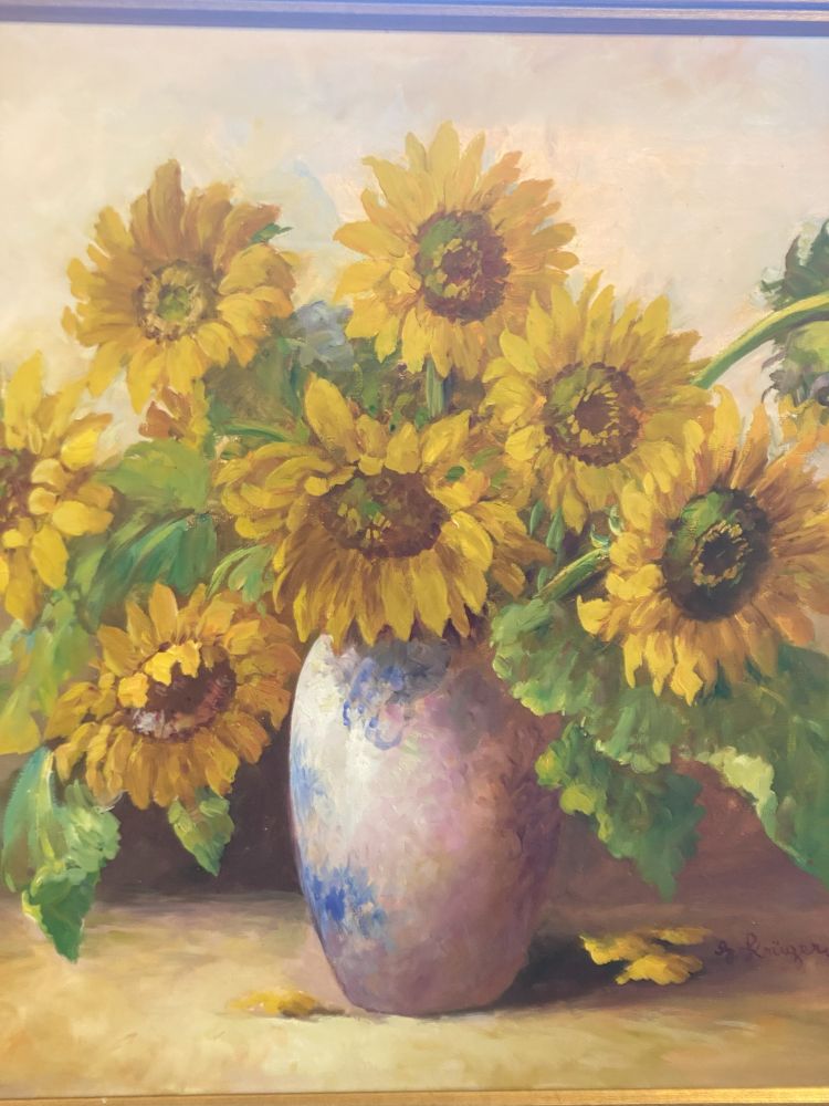 großes antikes Sonnenblumen Gemälde von G. Krüger
