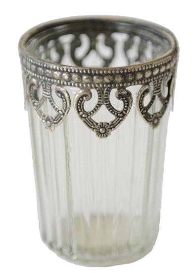 CLARÉA  – Hoher Teelichthalter aus Glas & Metall in Silber