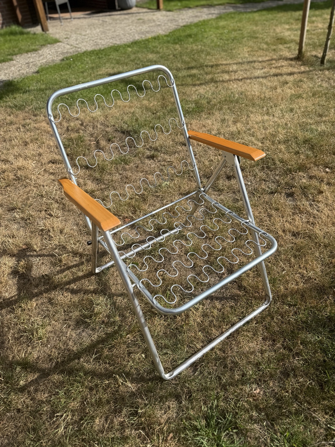 Original SIEGER MM Aluminium-Klappstuhl mit Blumenbezug – 1970er Jahre – 4 Stück vorhanden – mit Originalkartons