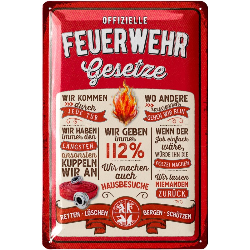 Blechschild „Feuerwehr Gesetze“ – Retro Metallschild 20 x 30 cm