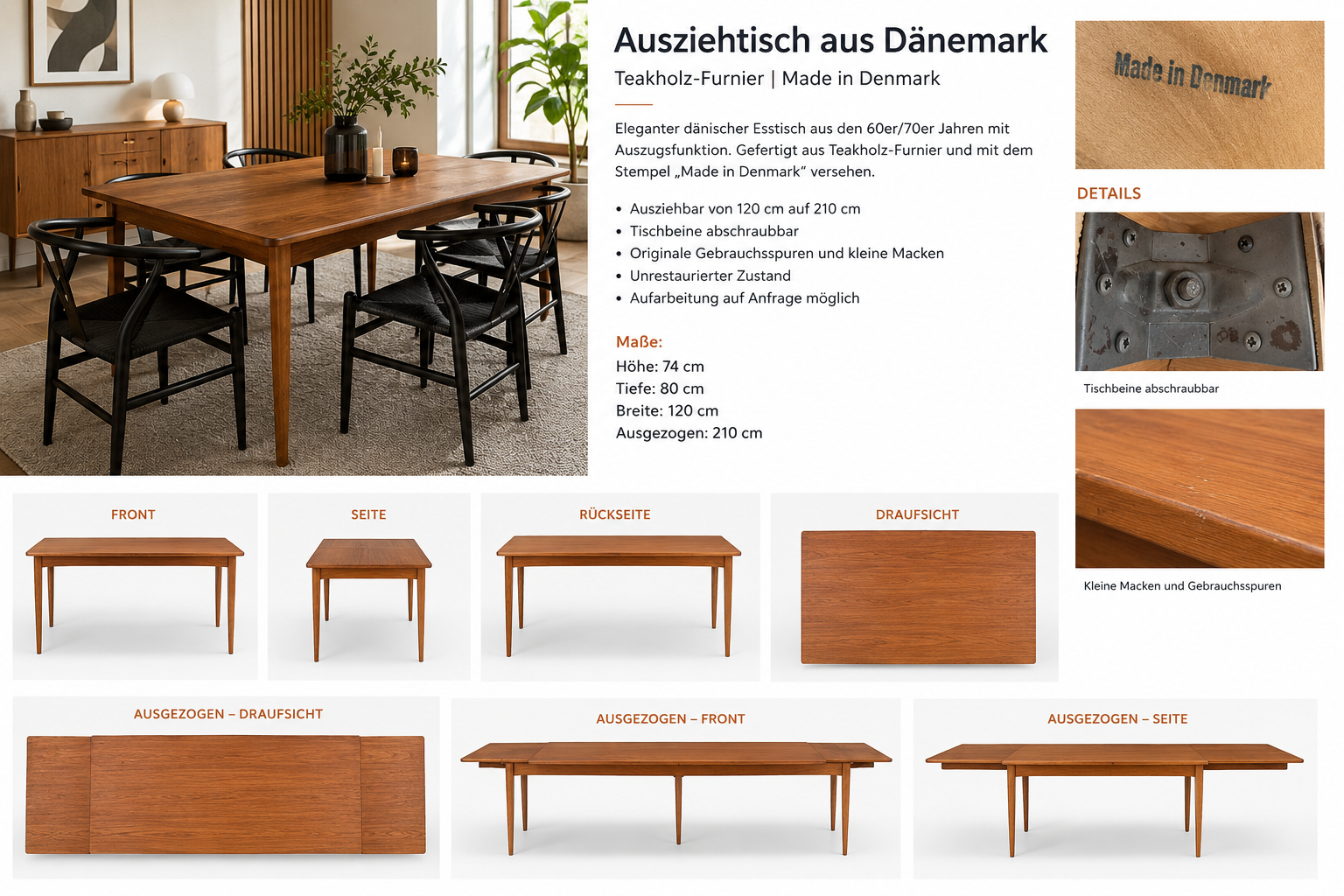 Esstisch „KOPENHAGEN 210“ – Original dänischer Ausziehtisch aus Teak | Made in Denmark