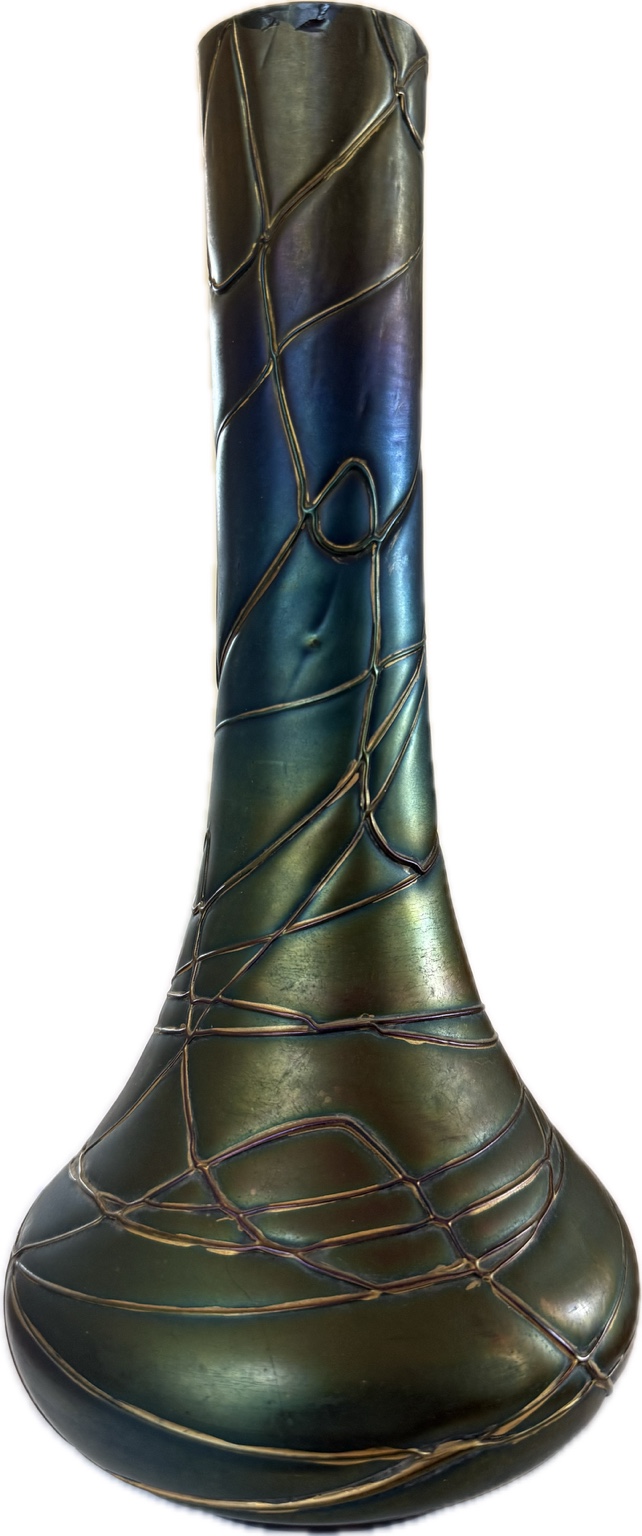 Original Pallme-König & Habel Irisglas Jugendstil Vase um 1900 – Fadendekor
