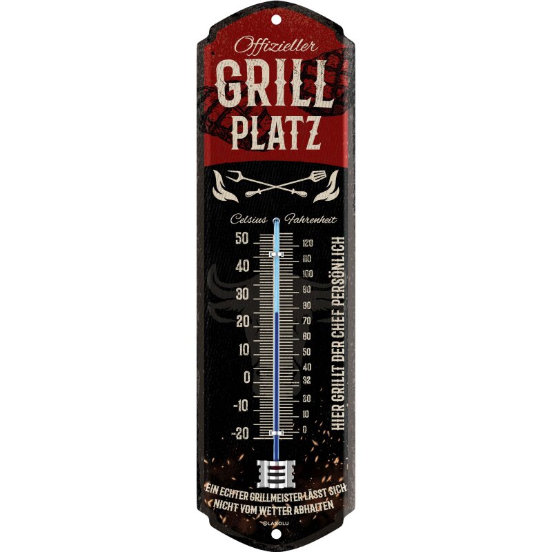 Thermometer „Offizieller Grillplatz“ – Vintage Metall Außenthermometer 8 x 28 cm