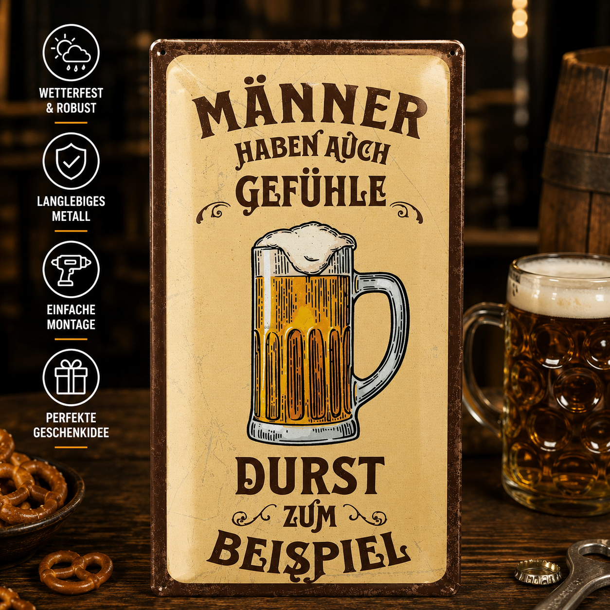 Retro-Blechschild „Männer haben auch Gefühle – Durst zum Beispiel“ Bier Vintage Schild 16x32 cm