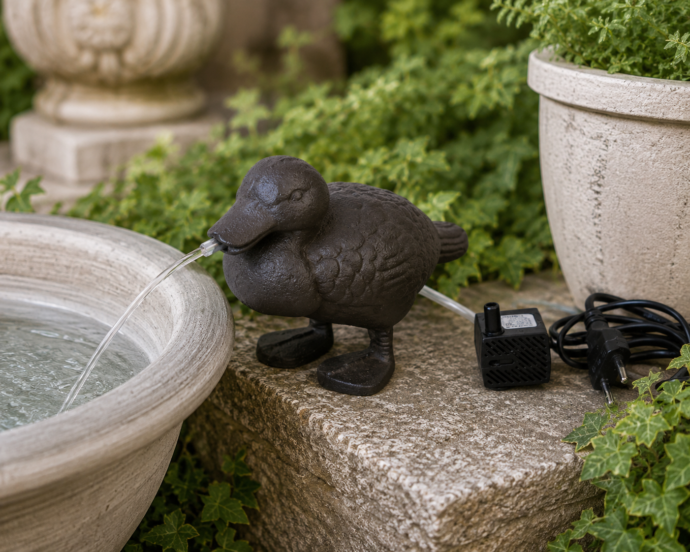 Plätscher-Ente – Wasserspeier aus Gusseisen mit Pumpe