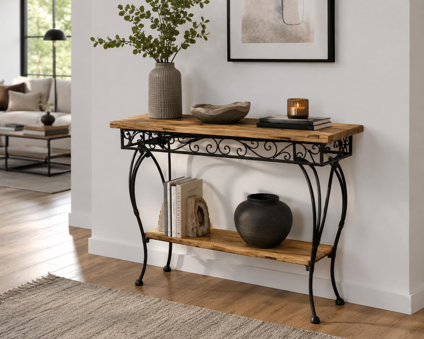 Konsolentisch / Tischplatte aus altem Holz & Metallgestell