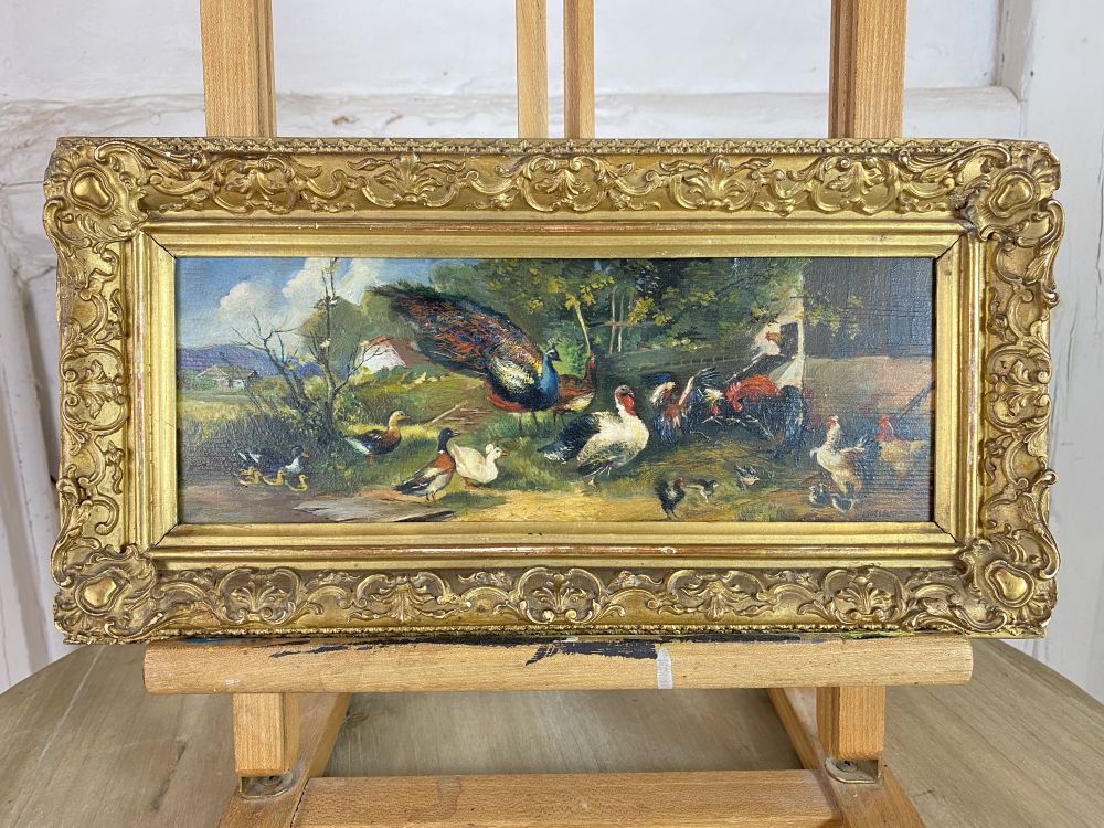 Öl-Gemälde Hühner, Enten, Pfau,  De La Mare Maler des 20. Jahrhunderts 