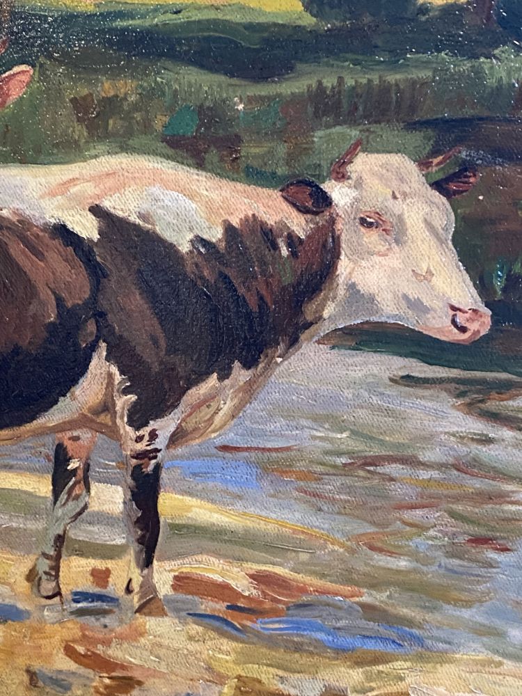 Öl-Gemälde "Kühe am Wasser" von Züchner 1910