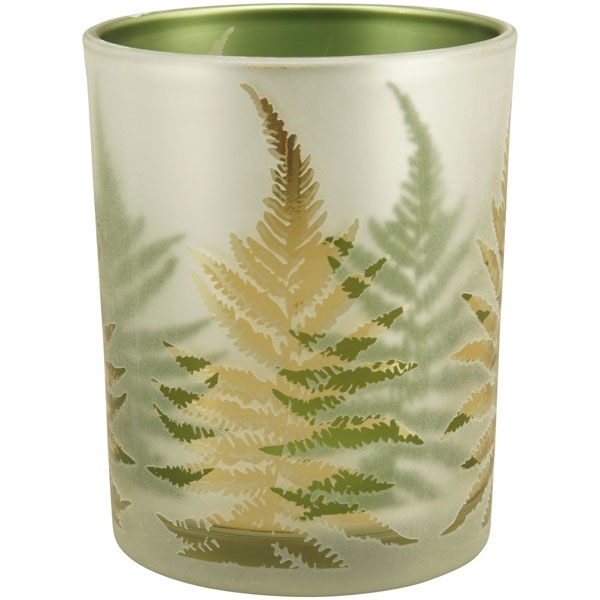 Windlicht mit Blattmuster aus Glas /innen grün schimmernd / 12,5 cm hoch