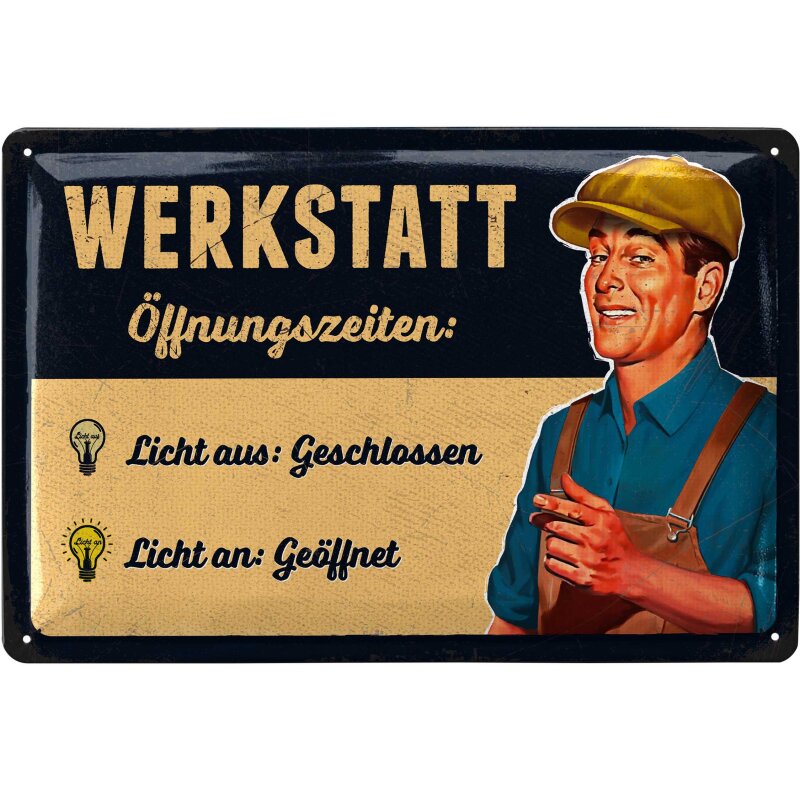 Retro-Blechschild „Werkstatt Öffnungszeiten“ Vintage Werkstattschild 20x30 cm