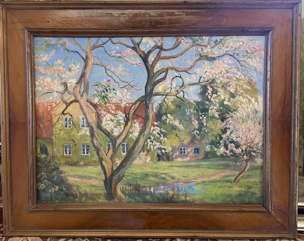 antikes Öl-Gemälde Haus hinter einem Baum