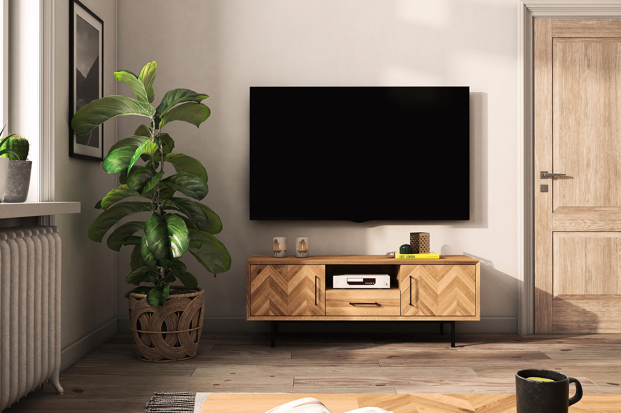 flaches Sideboard - Fernsehschrank "Fischgrätenmuster" in den Türen / Abies 2713
