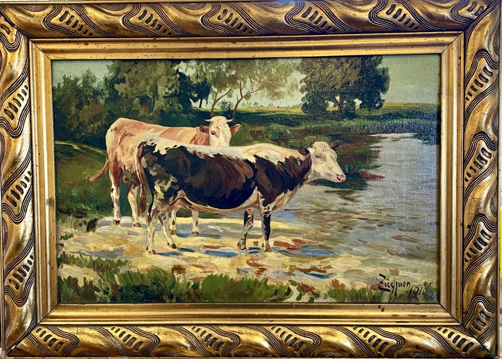 Öl-Gemälde "Kühe am Wasser" von Züchner 1910