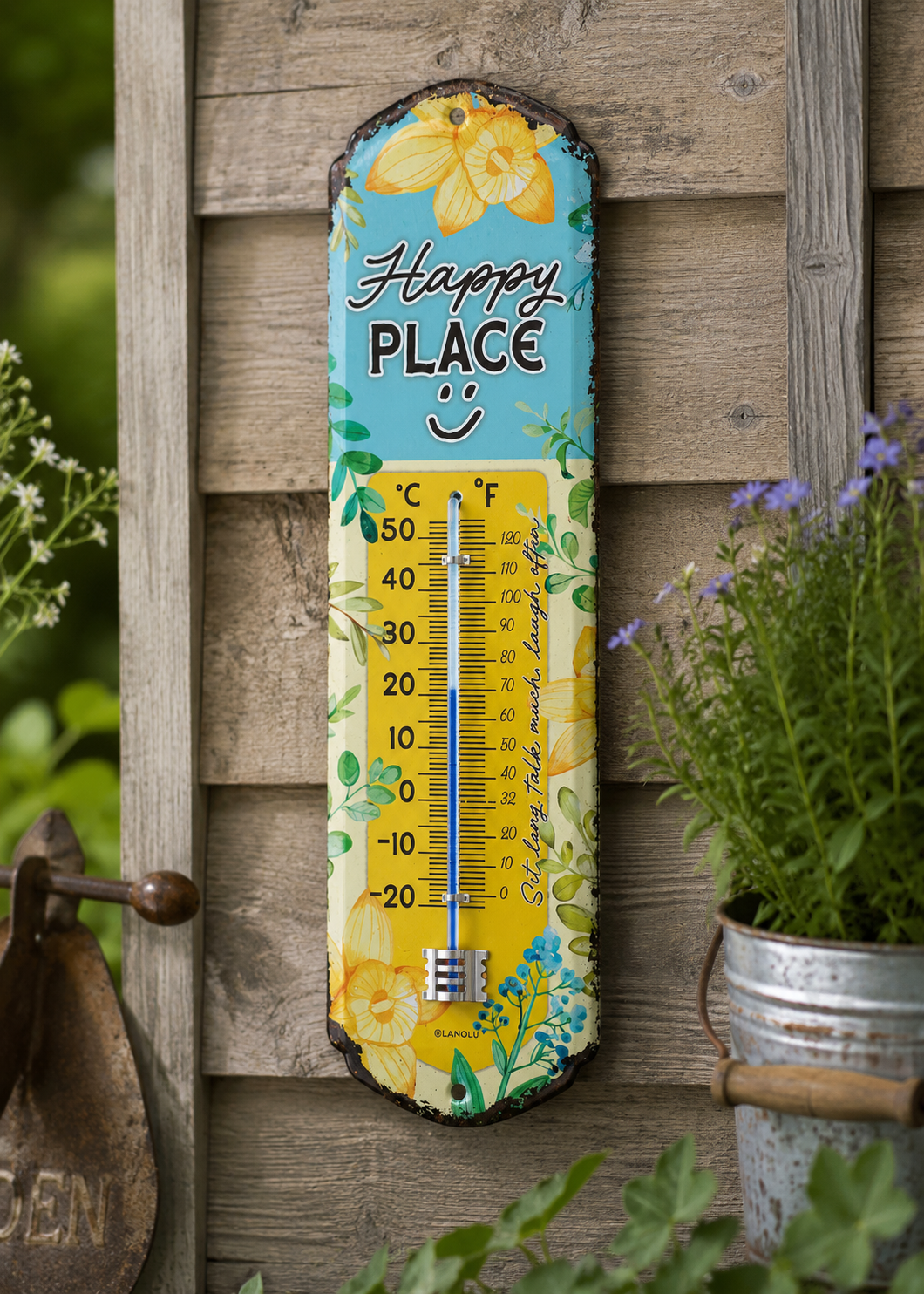 Thermometer „Happy Place“ – Vintage Metall Außenthermometer 8 x 28 cm