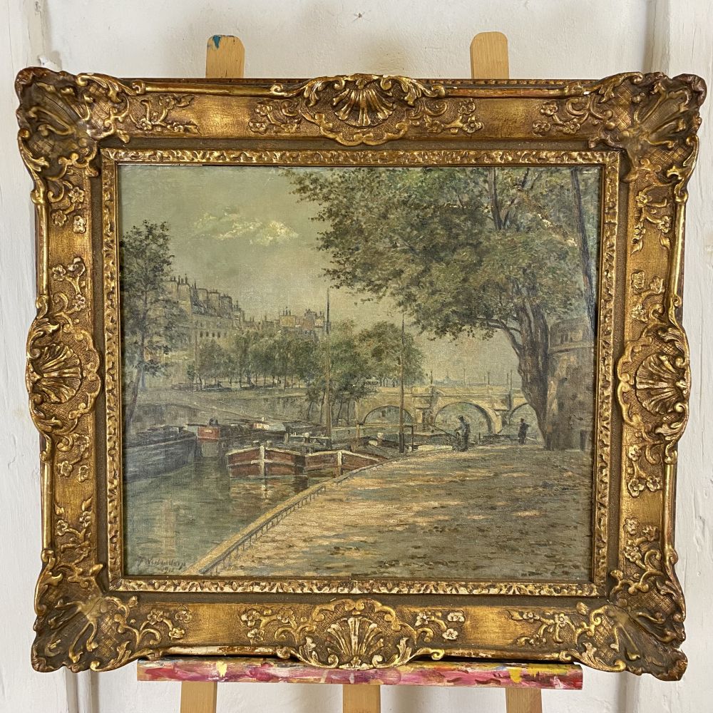 Öl-Gemälde Stadt-Hafen -Ansicht im Prunkrahmen